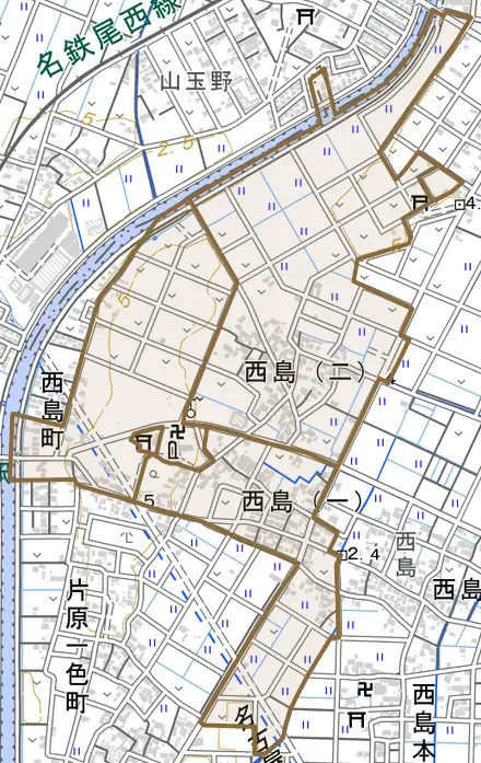 西島とその周辺の地図。町の範囲を重ねている