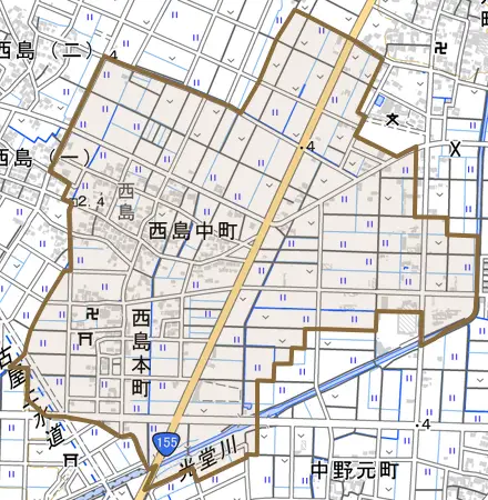 西島中町とその周辺の地図。町の範囲を重ねている