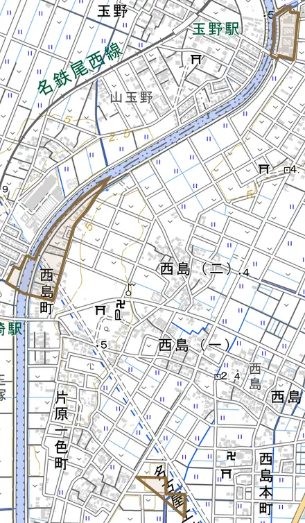西島町とその周辺の地図。町の範囲を重ねている