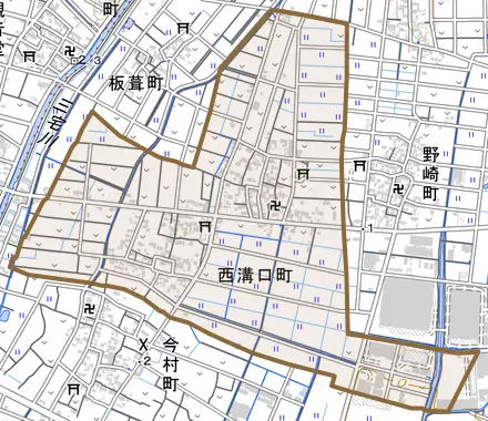 西溝口町とその周辺の地図。町の範囲を重ねている