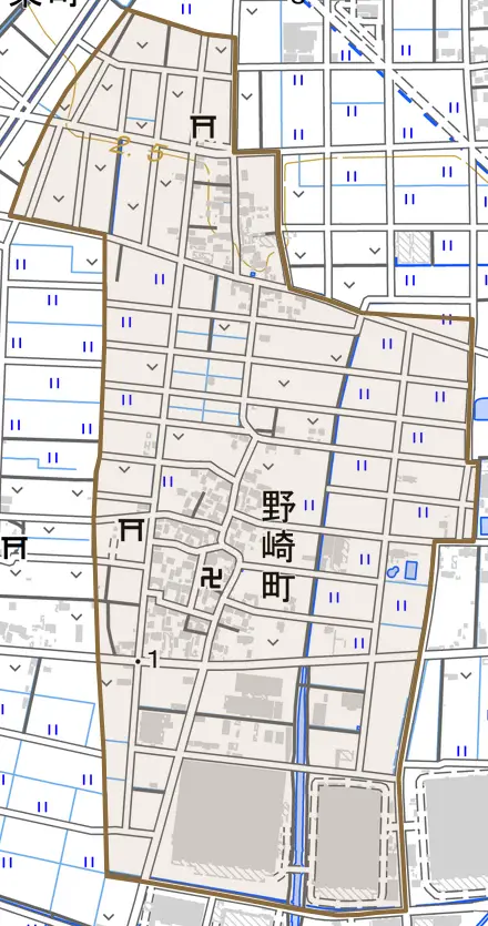 野崎町とその周辺の地図。町の範囲を重ねている