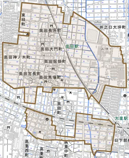 奥田神ノ木町とその周辺の地図。町の範囲を重ねている