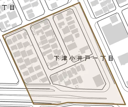 下津小井戸とその周辺の地図。町の範囲を重ねている