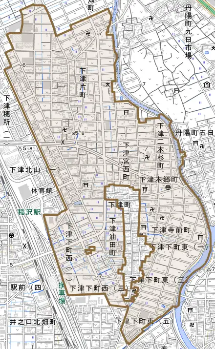 下津鞍掛町とその周辺の地図。町の範囲を重ねている