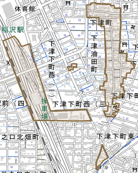 下津町とその周辺の地図。町の範囲を重ねている
