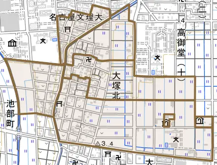 大塚北とその周辺の地図。町の範囲を重ねている