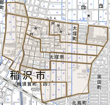 大塚南とその周辺の地図。町の範囲を重ねている