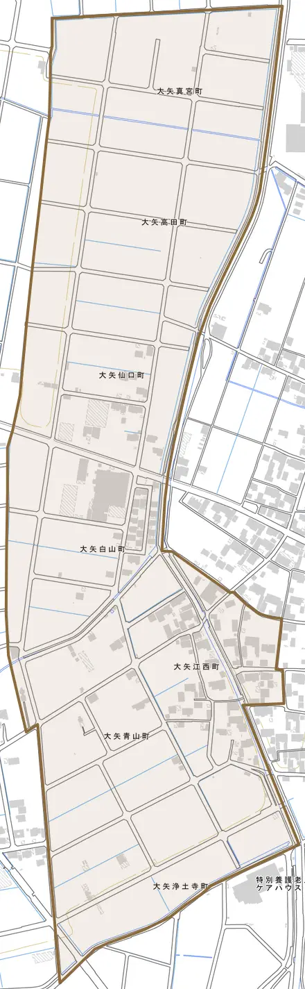 大矢白山町とその周辺の地図。町の範囲を重ねている