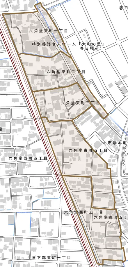 六角堂東町とその周辺の地図。町の範囲を重ねている