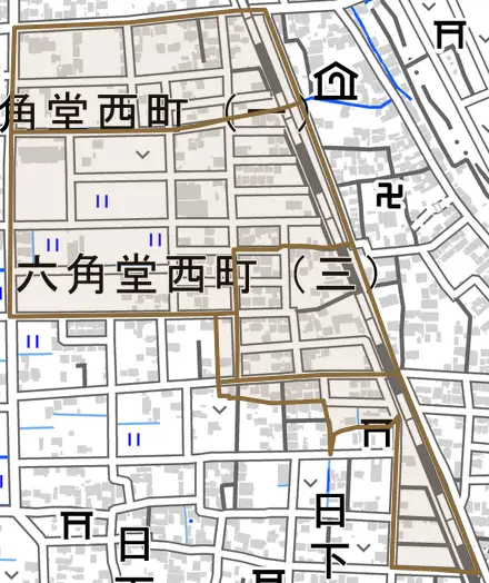 六角堂西町とその周辺の地図。町の範囲を重ねている