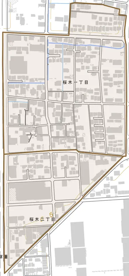 桜木とその周辺の地図。町の範囲を重ねている