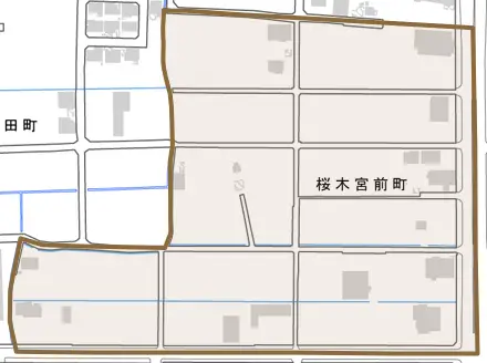 桜木宮前町とその周辺の地図。町の範囲を重ねている