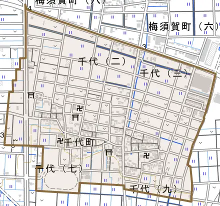 千代町とその周辺の地図。町の範囲を重ねている