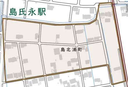 島北浦町とその周辺の地図。町の範囲を重ねている