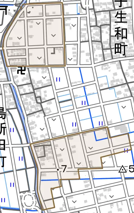 島子安賀町とその周辺の地図。町の範囲を重ねている