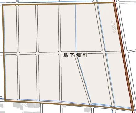 島下畑町とその周辺の地図。町の範囲を重ねている