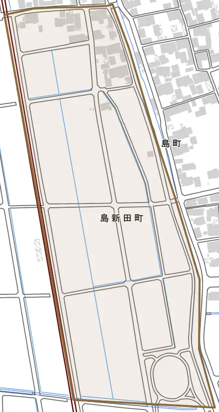 島新田町とその周辺の地図。町の範囲を重ねている