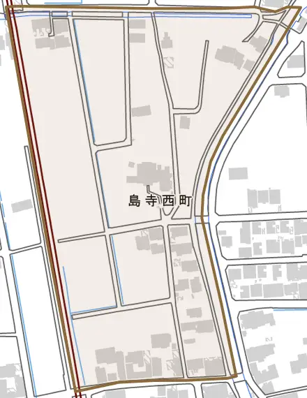 島寺西町とその周辺の地図。町の範囲を重ねている