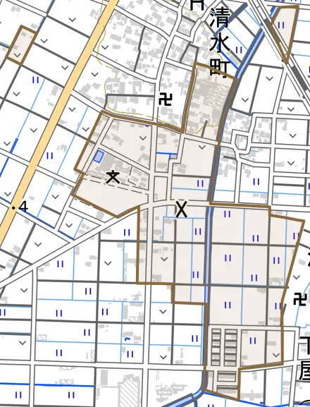 清水八神町とその周辺の地図。町の範囲を重ねている