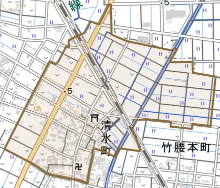 清水町とその周辺の地図。町の範囲を重ねている