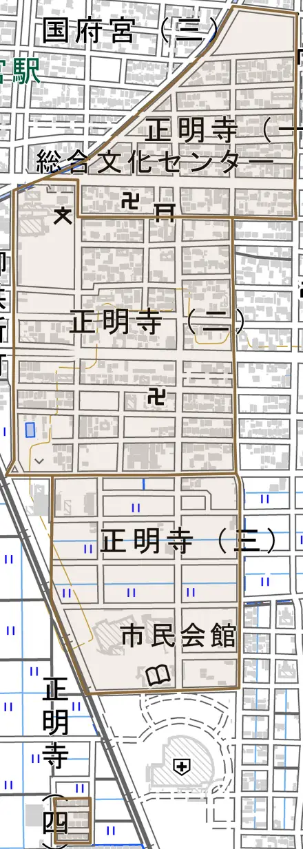 正明寺とその周辺の地図。町の範囲を重ねている