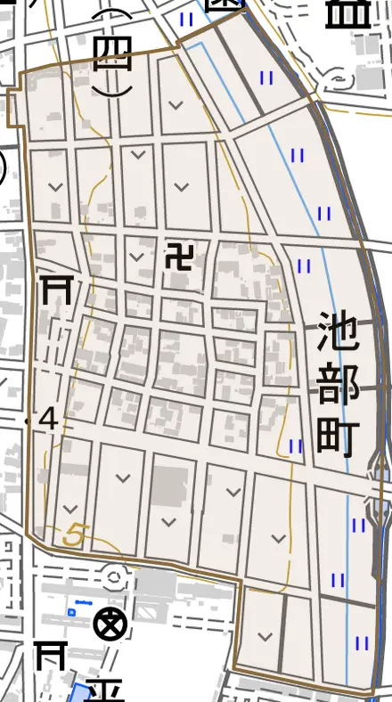 池部町とその周辺の地図。町の範囲を重ねている