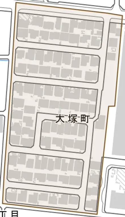 大塚町とその周辺の地図。町の範囲を重ねている
