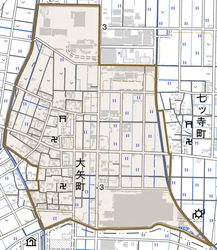 大矢町とその周辺の地図。町の範囲を重ねている
