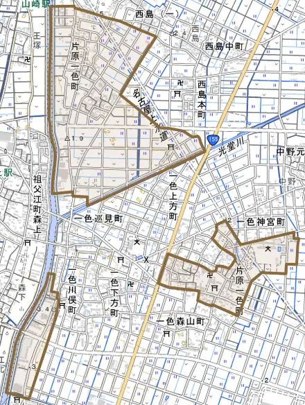 片原一色町とその周辺の地図。町の範囲を重ねている