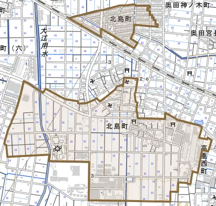 北島町とその周辺の地図。町の範囲を重ねている
