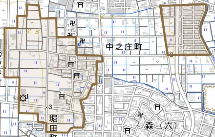 中之庄町とその周辺の地図。町の範囲を重ねている