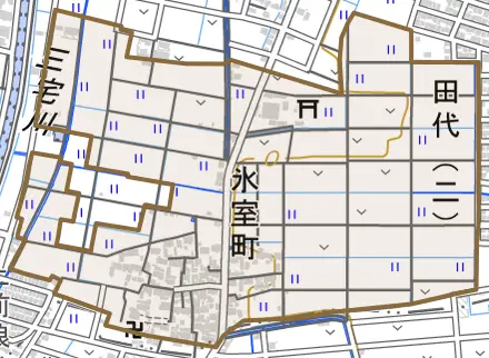 氷室町とその周辺の地図。町の範囲を重ねている