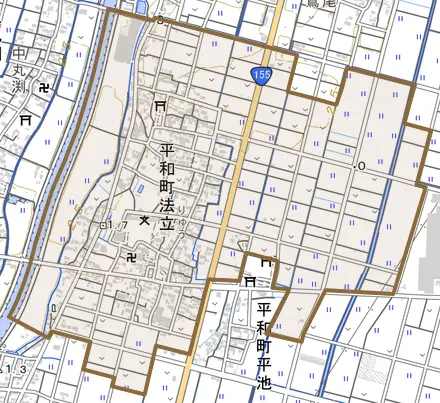 平和町法立とその周辺の地図。町の範囲を重ねている