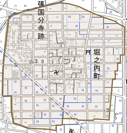 堀之内町とその周辺の地図。町の範囲を重ねている