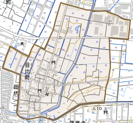 目比町とその周辺の地図。町の範囲を重ねている