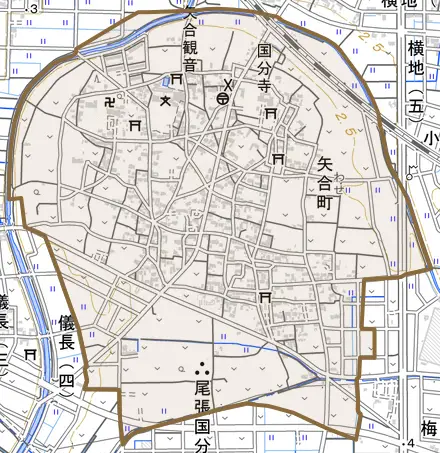 矢合町とその周辺の地図。町の範囲を重ねている