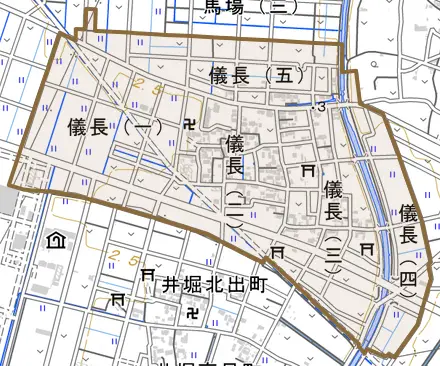 儀長町とその周辺の地図。町の範囲を重ねている