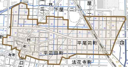 平金森町とその周辺の地図。町の範囲を重ねている