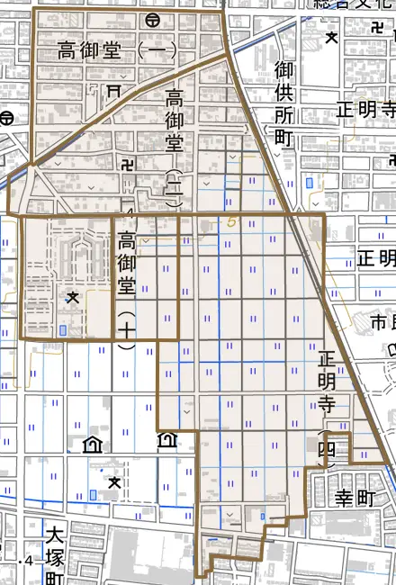 高御堂とその周辺の地図。町の範囲を重ねている