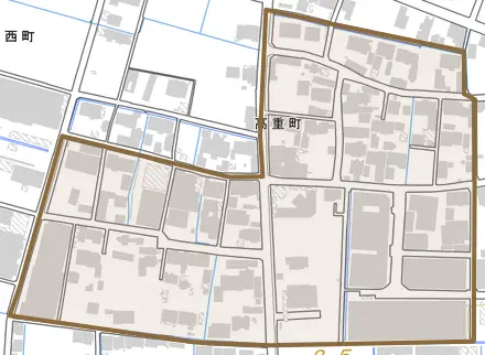 高重町とその周辺の地図。町の範囲を重ねている
