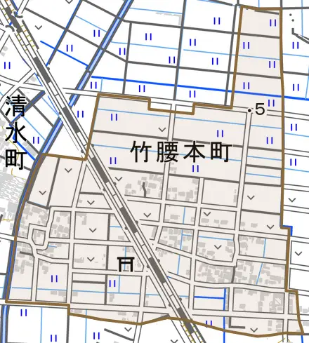 竹腰西町とその周辺の地図。町の範囲を重ねている