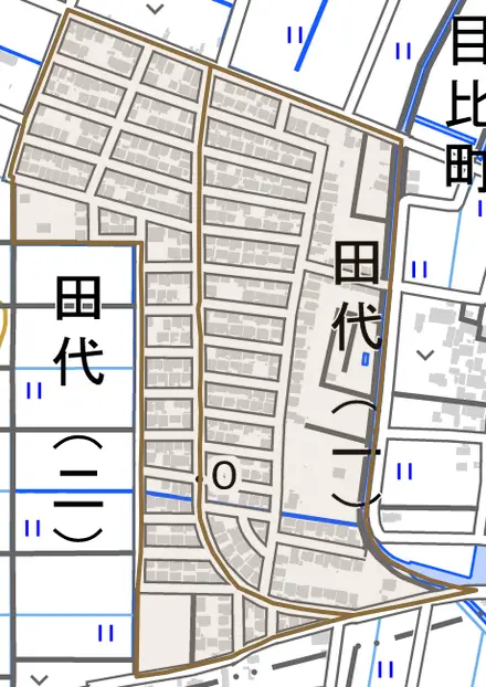田代とその周辺の地図。町の範囲を重ねている