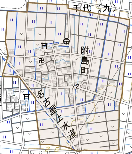 附島町とその周辺の地図。町の範囲を重ねている