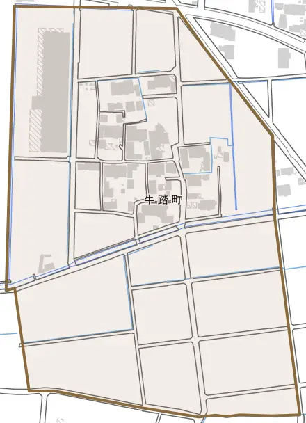 牛踏町とその周辺の地図。町の範囲を重ねている