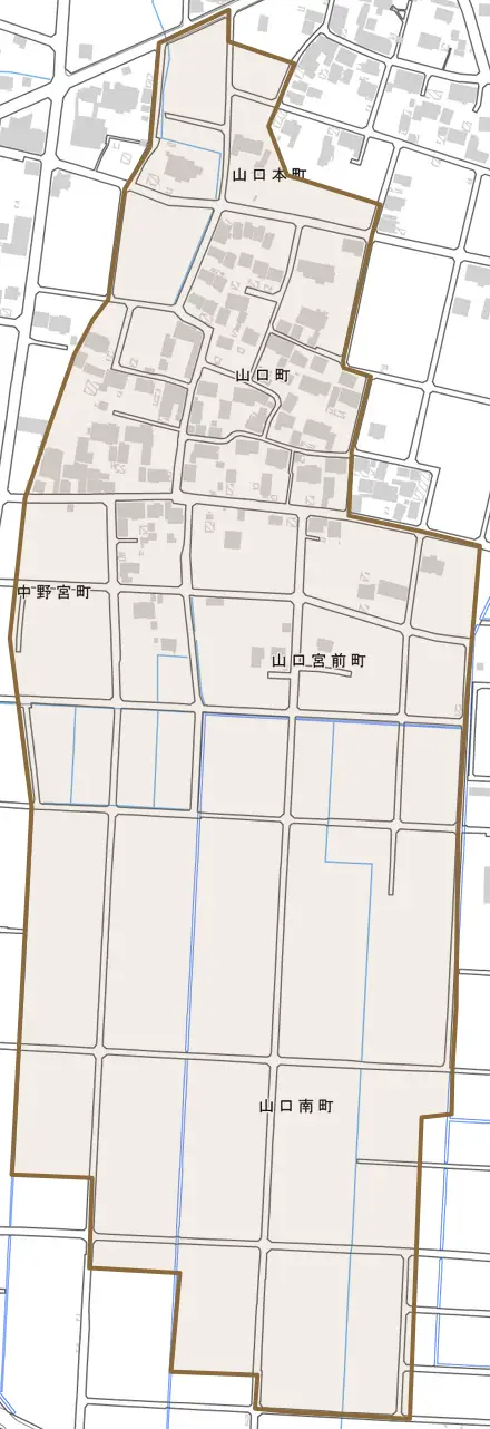 山口本町とその周辺の地図。町の範囲を重ねている
