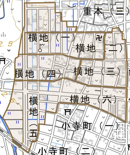 横地とその周辺の地図。町の範囲を重ねている