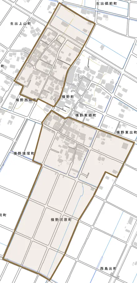 横野町とその周辺の地図。町の範囲を重ねている