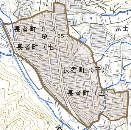 長者町とその周辺の地図。町の範囲を重ねている