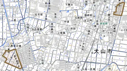 楽田青塚とその周辺の地図。町の範囲を重ねている