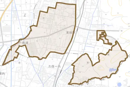 楽田内久保とその周辺の地図。町の範囲を重ねている